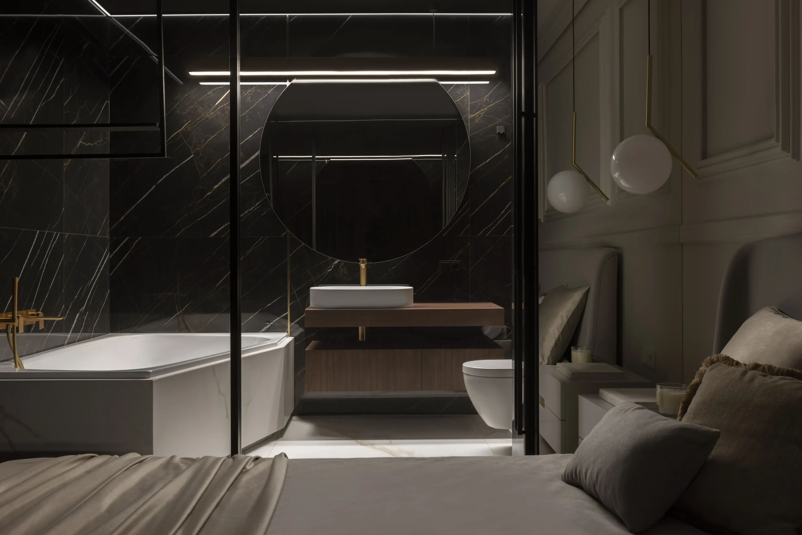 Łazienka apartamentu w Gdańsku – ciemne płytki i wolnostojąca wanna – AXMN Gdańsk