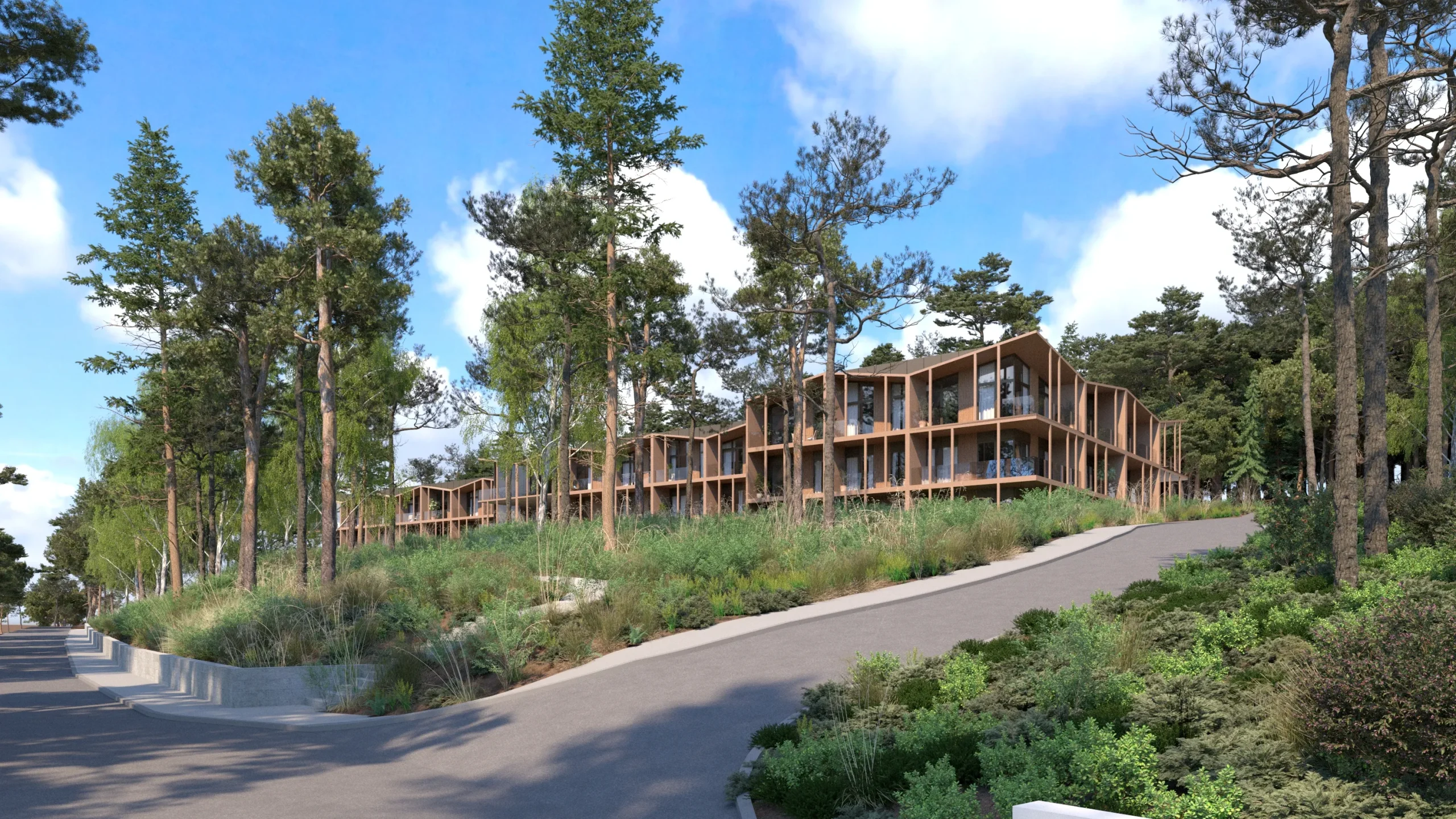 Hotel Mausz – wizualizacja projektu hotelu w lesie nad jeziorem – AXMN Gdańsk