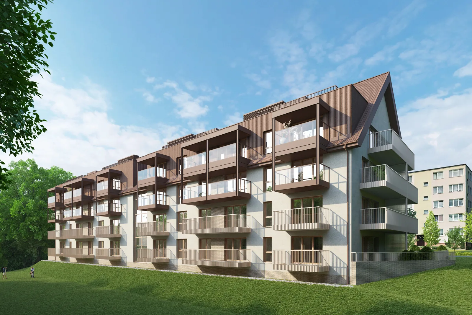 Nowoczesna architektura mieszkaniowa z balkonami i skośnym dachem – AXMN Gdańsk